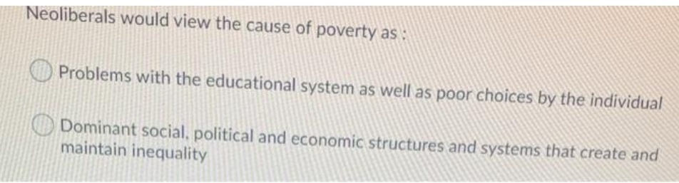 Neoliberals would view the cause of poverty as
O Problems with the educational system as well as poor choices by the individual
Dominant social, political and economic structures and systems that create and
maintain inequality
