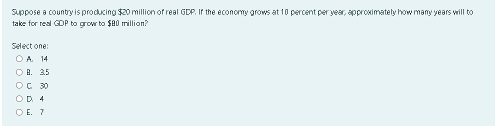 Suppose a country is producing $20 million of real GDP. If the economy grows at 10 percent per year, approximately how many years will to
take for real GDP to grow to $80 million?
Select one:
O A. 14
O B. 3.5
O C 30
O D. 4
O E. 7