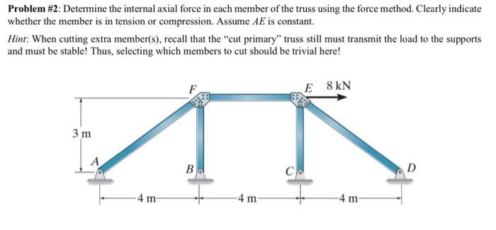 Problem #2: Determine the internal axial force in each member of the truss using the force method. Clearly indicate
whether the member is in tension or compression. Assume AE is constant.
Hint: When cutting extra member(s), recall that the "cut primary" truss still must transmit the load to the supports
and must be stable! Thus, selecting which members to cut should be trivial here!
3m
-4 m-
B
-4 m
C
E 8 KN
-4 m-
D