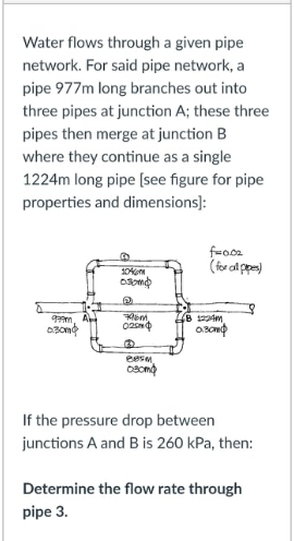 Water flows through a given pipe
network. For said pipe network, a
pipe 977m long branches out into
three pipes at junction A; these three
pipes then merge at junction B
where they continue as a single
1224m long pipe (see figure for pipe
properties and dimensions]:
(for al ppe)
m, A
If the pressure drop between
junctions A and B is 260 kPa, then:
Determine the flow rate through
pipe 3.
