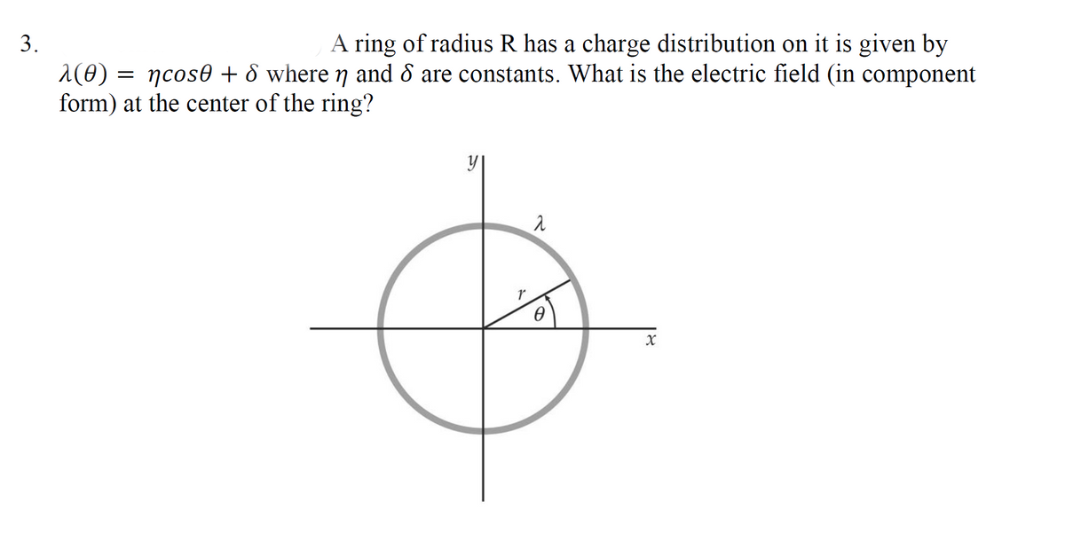 A ring of radius R has a charge distribution on it is given by
= ncose + 8 where n and & are constants. What is the electric field (in component
3.
a(0 :
form) at the center of the ring?

