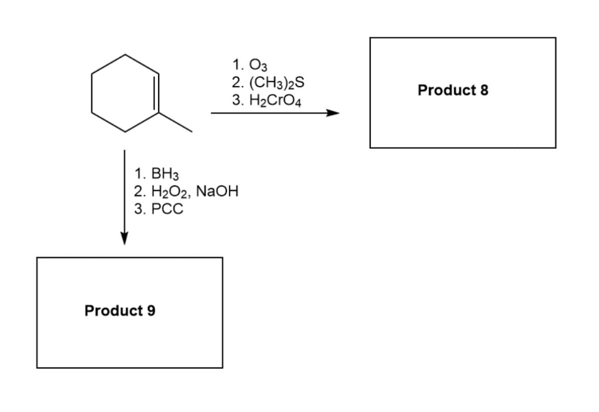 1. 03
2. (CH3)2S
3. H2CrO4
1. BH3
2. H2O2, NaOH
3. PCC
Product 9
Product 8