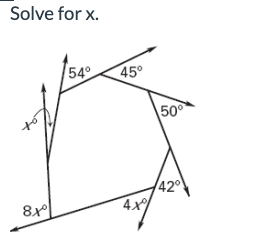 Solve for x.
+
8x
54°
45°
4x%
50°
42°