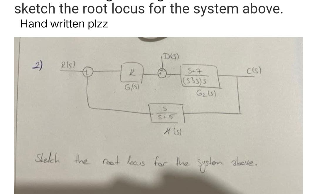 sketch the root locus for the system above.
Hand written plzz
D(S)
2) R(S)
5+7
C(s)
K
(533) 5
G,(s)
G₂ (5)
X (s)
Sketch the root locus for the system above.
S
S+5