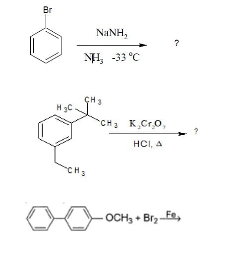 Br
H 3C
NaNH,
NH, -33 °C
CH 3
CH 3
CH 3 K₂Cr₂O,
HCI, A
?
-OCH3 + Br₂-Fe