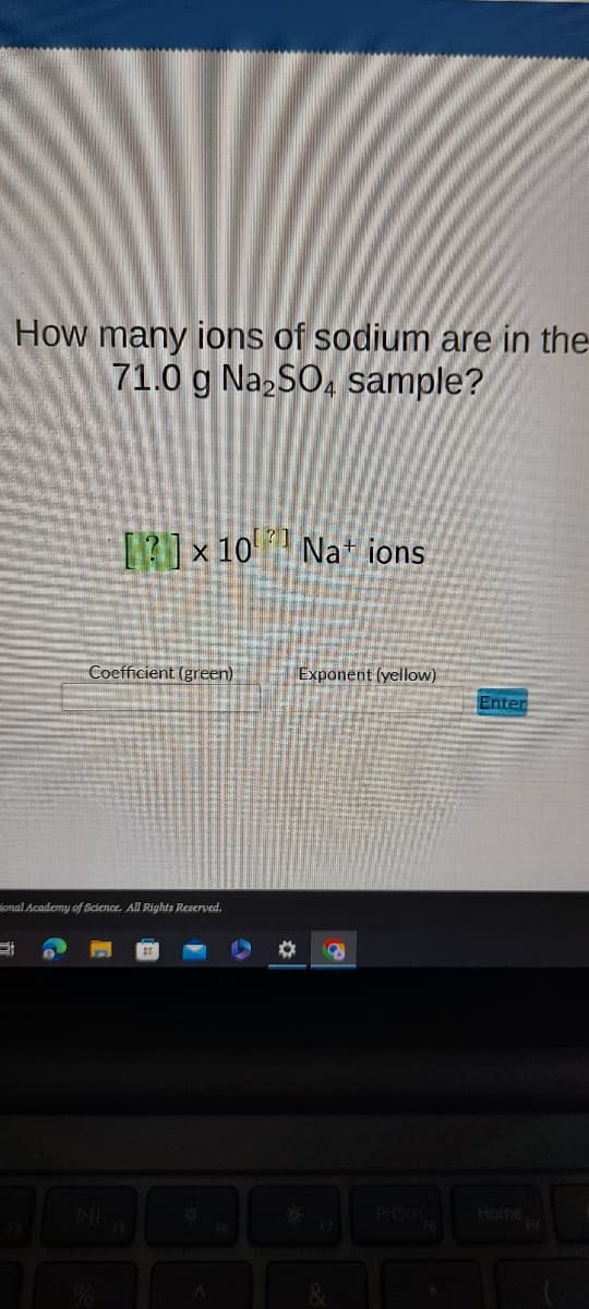 How many ions of sodium are in the
71.0 g Na₂SO4 sample?
[2x10 Na ions
Coefficient (green)
ional Academy of Science. All Rights Reserved,
✿
Exponent (yellow)
8
Enter
Home