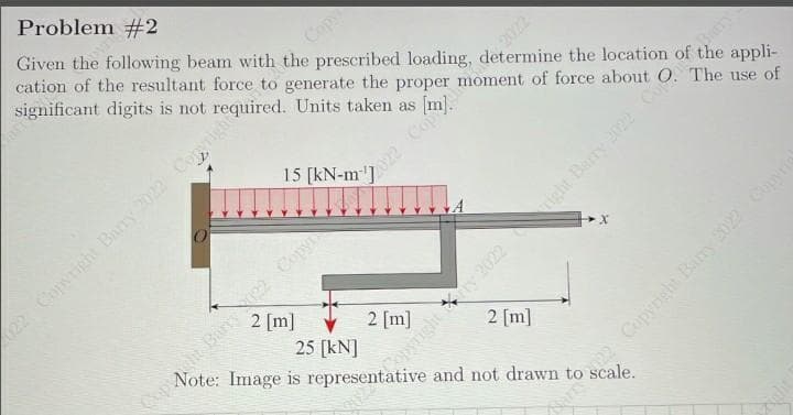 Problem #2
Given the following beam with the prescribed loading, determine the location of the appli-
cation of the resultant force to generate the proper moment of force about
significant digits is not required. Units taken as
The use of
15 [kN-m-¹]
2 [m]
622 Copyright Barry 2022 Copyrigh
Barry 122 Copyr
25 [kN]
2022 Cop
2 [m]
tarpyright
2 [m]
X
and not drawn to scale.
de is
representa 2022 right Barry 2022 C