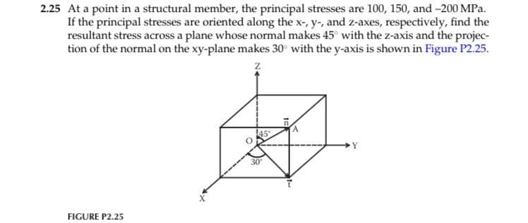 2.25 At a point in a structural member, the principal stresses are 100, 150, and -200 MPa.
If the principal stresses are oriented along the x-, y-, and z-axes, respectively, find the
resultant stress across a plane whose normal makes 45° with the z-axis and the projec-
tion of the normal on the xy-plane makes 30° with the y-axis is shown in Figure P2.25.
Z
FIGURE P2.25
45
30°