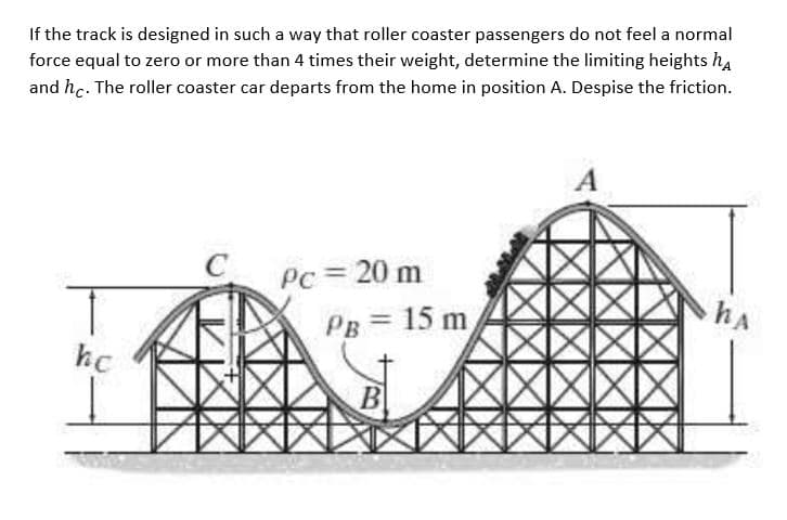 If the track is designed in such a way that roller coaster passengers do not feel a normal
force equal to zero or more than 4 times their weight, determine the limiting heights ha
and hc. The roller coaster car departs from the home in position A. Despise the friction.
Pc = 20 m
= 15 m
hA
PB
hc
