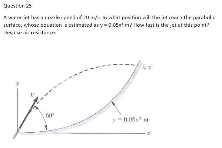 Question 25
A water jet has a nozzle speed of 20 m/s. In what position will the jet reach the parabolic
surface, whose equation is estimated as y = 0.05x² m? How fast is the jet at this point?
Despise air resistance.
60°
y = 0,05x² m