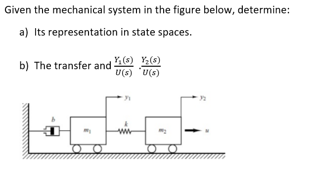 Given the mechanical system in the figure below, determine:
a) Its representation in state spaces.
Y, (s) Y2(s)
b) The transfer and
U(s) 'U(s)
m2
