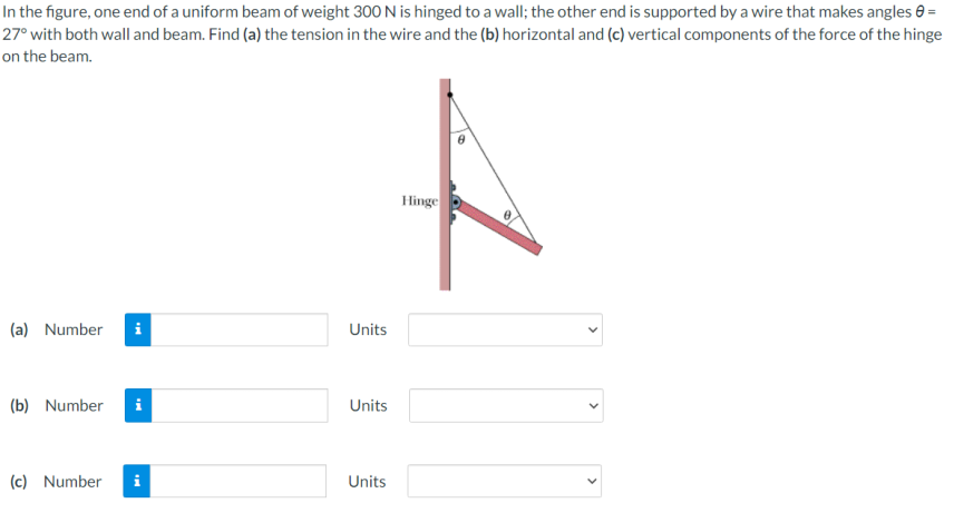 In the figure, one end of a uniform beam of weight 300 N is hinged to a wall; the other end is supported by a wire that makes angles e =
27° with both wall and beam. Find (a) the tension in the wire and the (b) horizontal and (c) vertical components of the force of the hinge
on the beam.
Hinge
(a) Number
i
Units
(b) Number
i
Units
(c) Number
Units
>
