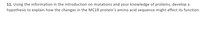 11. Using the information in the introduction on mutations and your knowledge of proteins, develop a
hypothesis to explain how the changes in the MC1R protein's amino acid sequence might affect its function.
