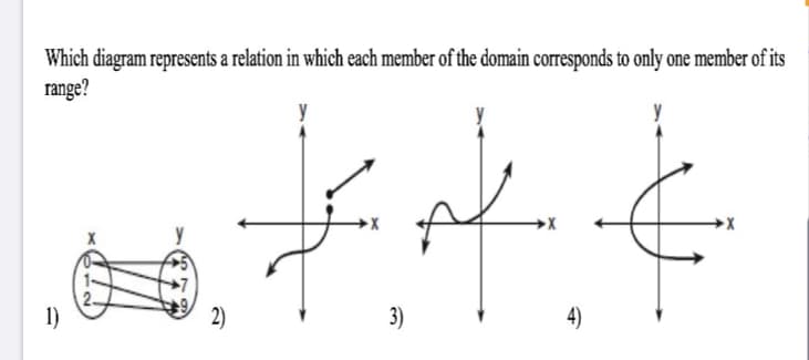 Which diagram represents a relation in which each member of the domain corresponds to only one member of its
range?
of
1-
2.
1)
2)
3)
4)
