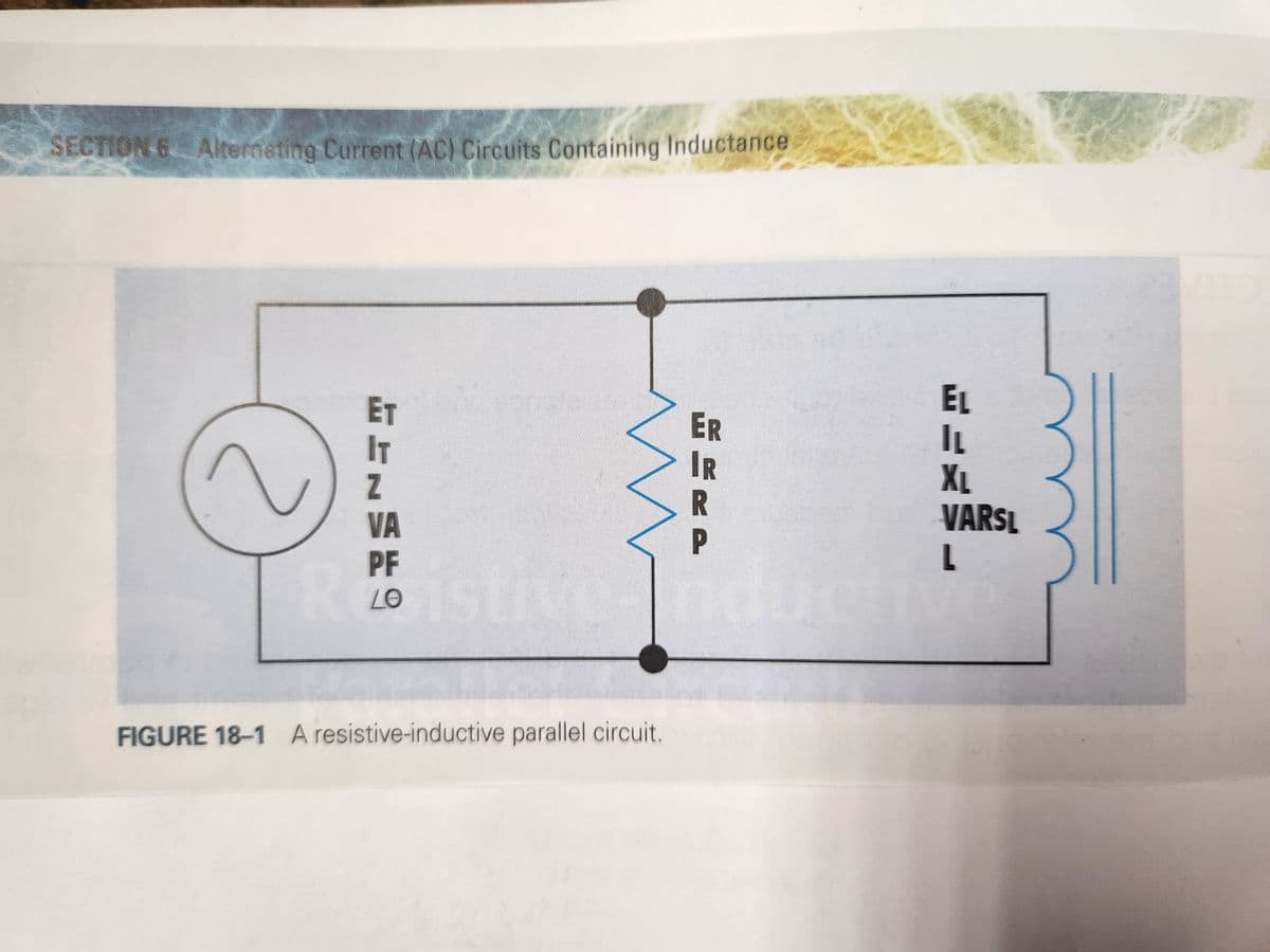 SECTION 6 Alternating Current (AC) Circuits Containing Inductance
R
ET
IT
Z
VA
PF
LO
m
FIGURE 18-1 A resistive-inductive parallel circuit.
ER
IR
R
P
EL
IL
XL
VARSL
L