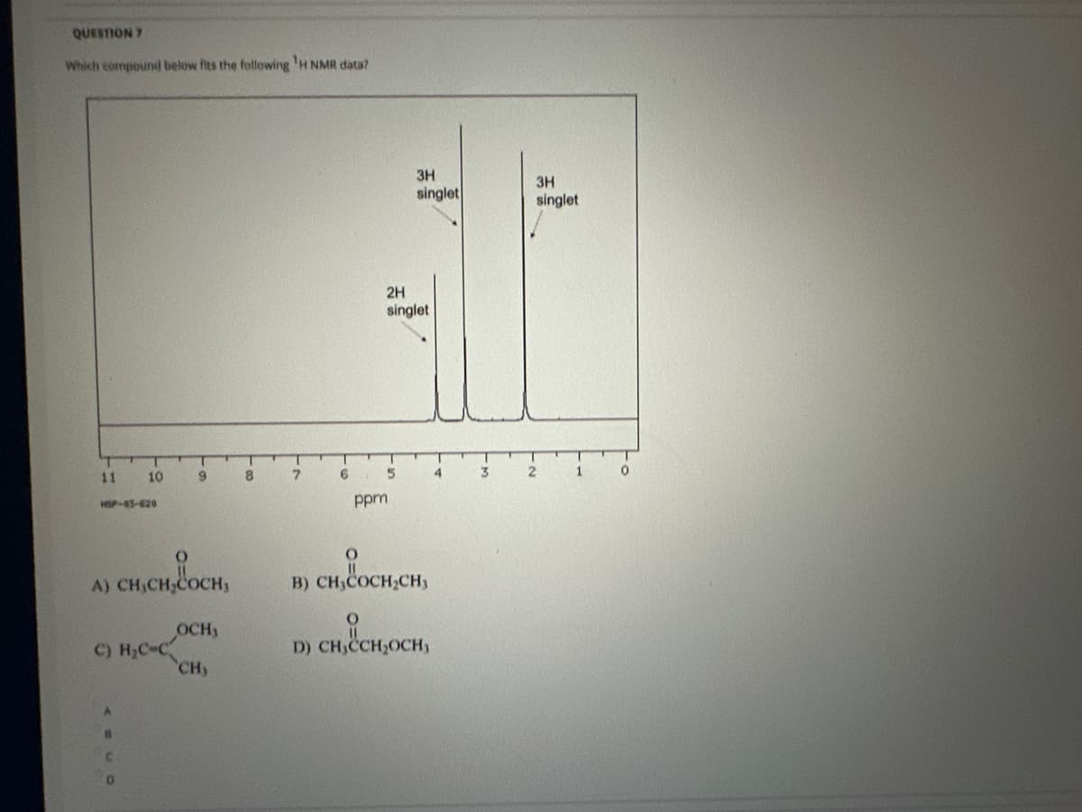 QUESTION 7
Which compound below fits the following ¹H NMR data?
11
10
HSP-03-620
0
A) CHICH COCH,
c) H, C-c
О
9
OCH
SCH)
8
7
6
ppm
ЗН
singlet
2H
singlet
5
0
B) CH3COCH CH3
D) CHICCHOCH,
4
3
3H
singlet
2
Т
1
0
