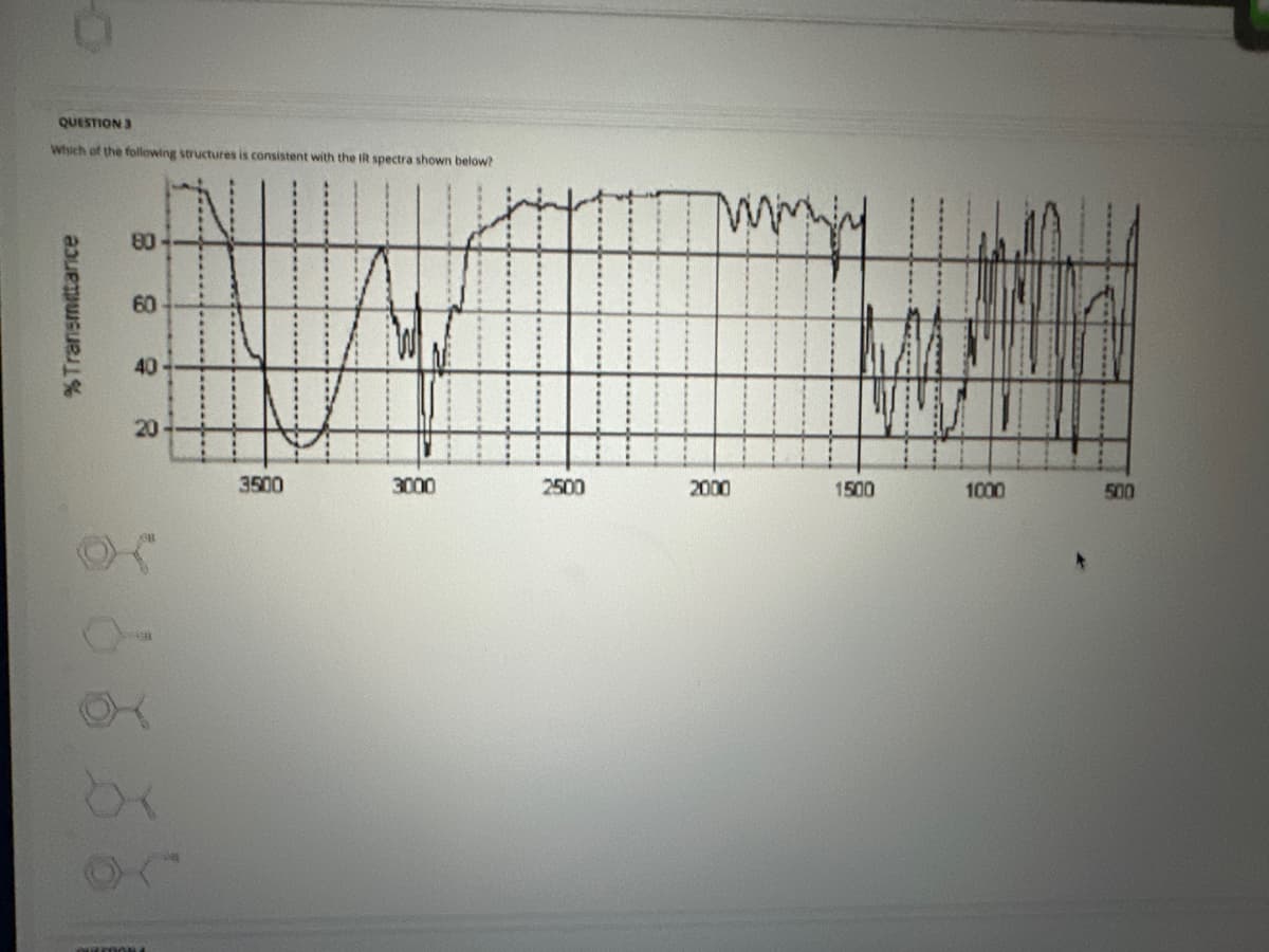 QUESTION 3
Which of the following structures is consistent with the IR spectra shown below?
% Transmittance
80
60
40
20
8888
QUESTIONA
3500
3000
2500
2000
ទ
500