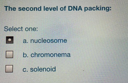The second level of DNA packing:
Select one:
a. nucleosome
b. chromonema
C. solenoid
