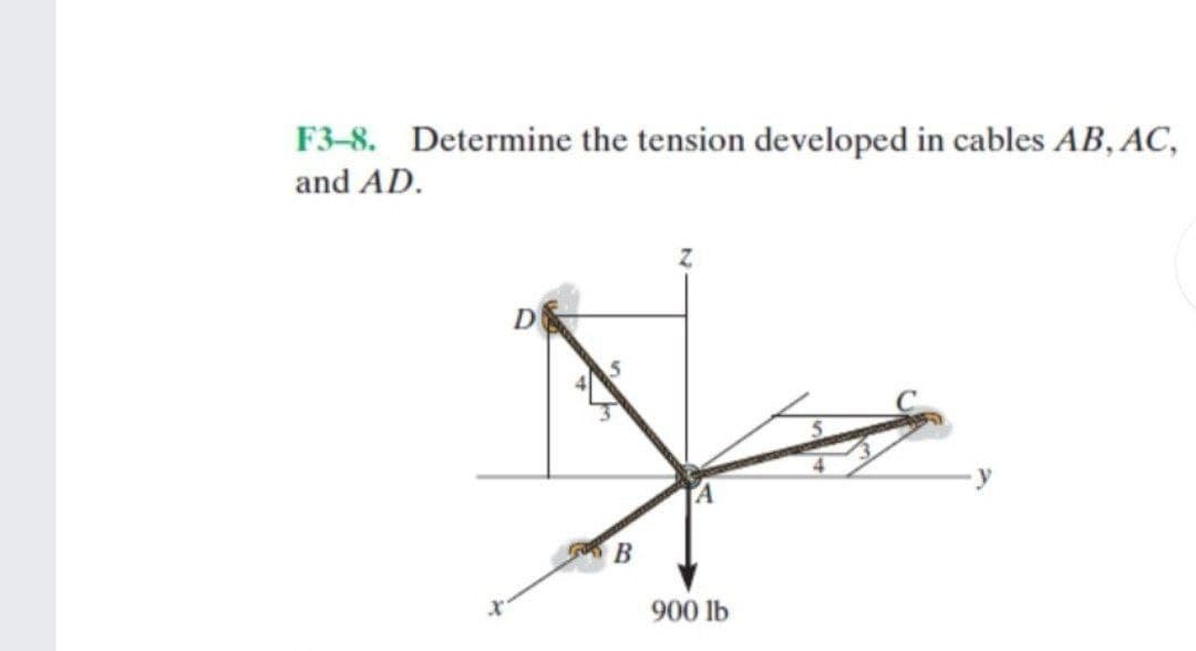 F3-8. Determine the tension developed in cables AB, AC,
and AD.
¥
B
900 lb