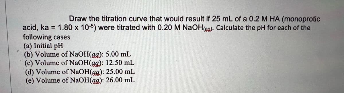 Draw the titration curve that would result if 25 mL of a 0.2 M HA (monoprotic
acid, ka = 1.80 x 10-5) were titrated with 0.20 M NaOH(ag). Calculate the pH for each of the
following cases
(a) Initial pH
(b) Volume of NaOH(ag): 5.00 mL
(c) Volume of NaOH(ag): 12.50 mL
(d) Volume of NaOH(ag): 25.00 mL
(e) Volume of NaOH(gg): 26.00 mL
%3D
