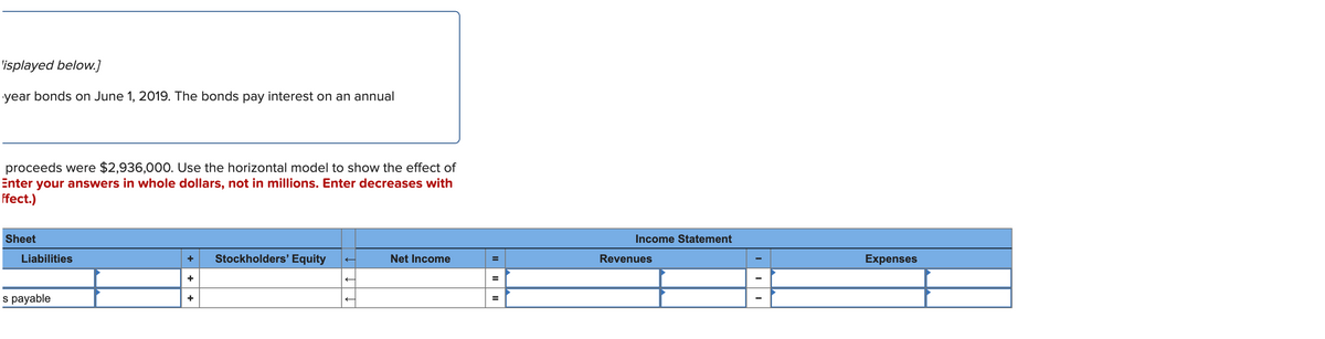 'isplayed below.]
year bonds on June 1, 2019. The bonds pay interest on an annual
proceeds were $2,936,000. Use the horizontal model to show the effect of
Enter your answers in whole dollars, not in millions. Enter decreases with
ffect.)
Sheet
Income Statement
Liabilities
+
Stockholders' Equity
Net Income
Revenues
Expenses
+
%3D
s payable
+
II
II

