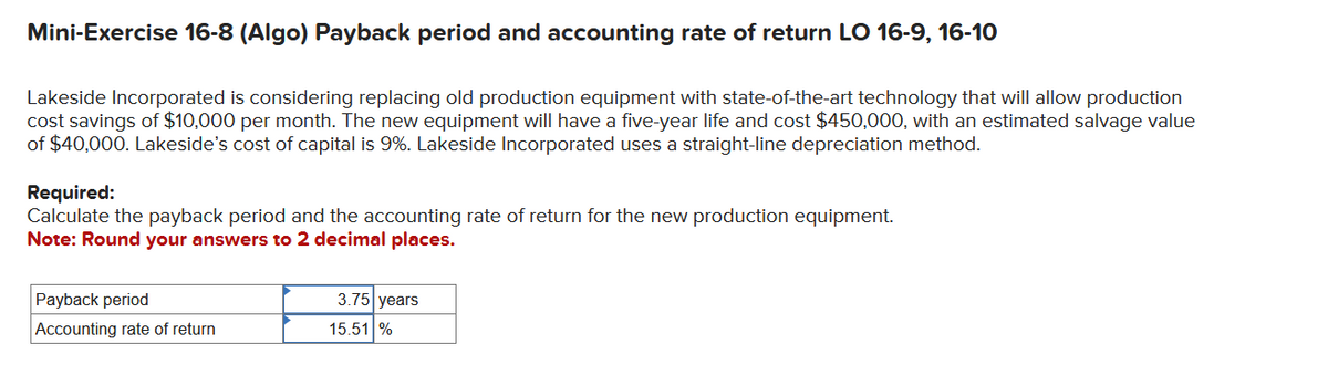 Mini-Exercise 16-8 (Algo) Payback period and accounting rate of return LO 16-9, 16-10
Lakeside Incorporated is considering replacing old production equipment with state-of-the-art technology that will allow production
cost savings of $10,000 per month. The new equipment will have a five-year life and cost $450,000, with an estimated salvage value
of $40,000. Lakeside's cost of capital is 9%. Lakeside Incorporated uses a straight-line depreciation method.
Required:
Calculate the payback period and the accounting rate of return for the new production equipment.
Note: Round your answers to 2 decimal places.
Payback period
Accounting rate of return
3.75 years
15.51 %