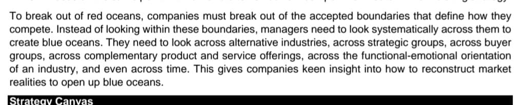 To break out of red oceans, companies must break out of the accepted boundaries that define how they
compete. Instead of looking within these boundaries, managers need to look systematically across them to
create blue oceans. They need to look across alternative industries, across strategic groups, across buyer
groups, across complementary product and service offerings, across the functional-emotional orientation
of an industry, and even across time. This gives companies keen insight into how to reconstruct market
realities to open up blue oceans.
Strategy Canvas
