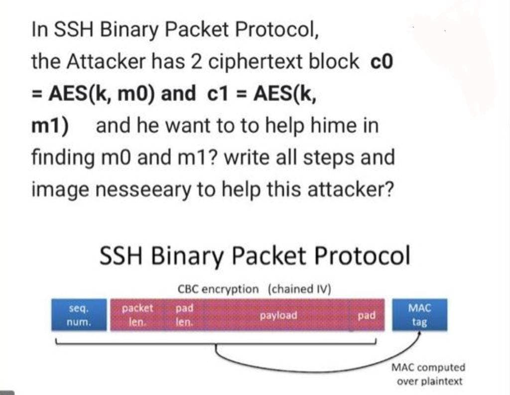 In SSH Binary Packet Protocol,
the Attacker has 2 ciphertext block c0
= AES(k, m0) and c1 = AES(k,
m1) and he want to to help hime in
finding m0 and m1? write all steps and
image nesseeary to help this attacker?
seq.
num.
SSH Binary Packet Protocol
CBC encryption (chained IV)
pad
len.
packet
len.
payload
pad
MAC
tag
MAC computed
over plaintext
