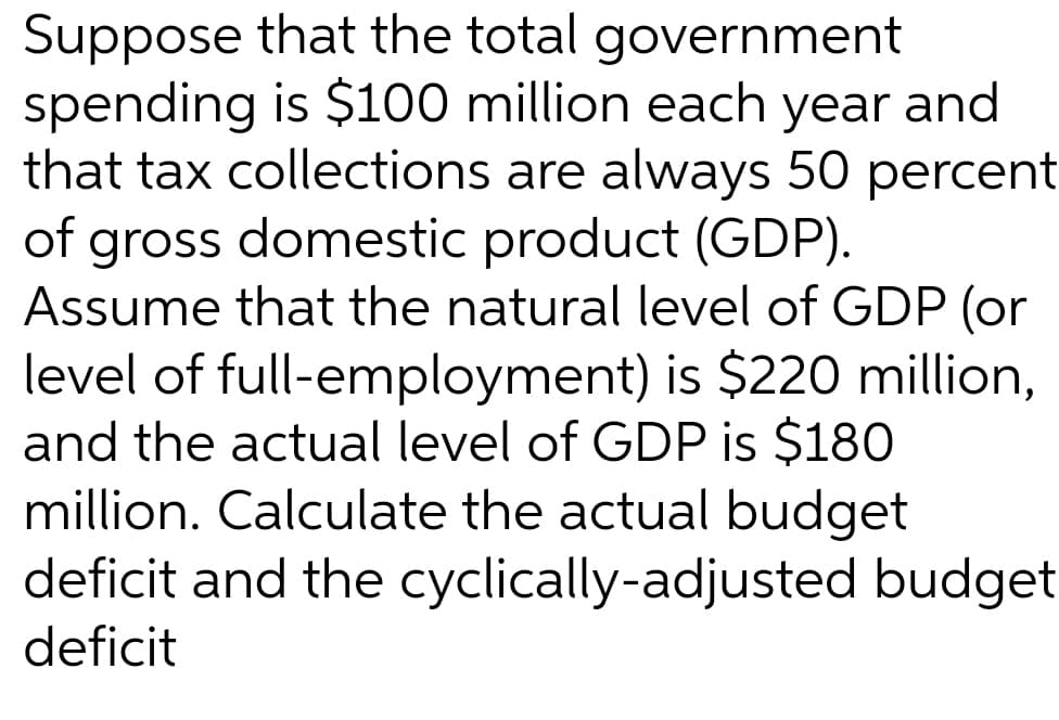 Suppose that the total government
spending is $100 million each year and
that tax collections are always 50 percent
of gross domestic product (GDP).
Assume that the natural level of GDP (or
level of full-employment) is $220 million,
and the actual level of GDP is $180
million. Calculate the actual budget
deficit and the cyclically-adjusted budget
deficit