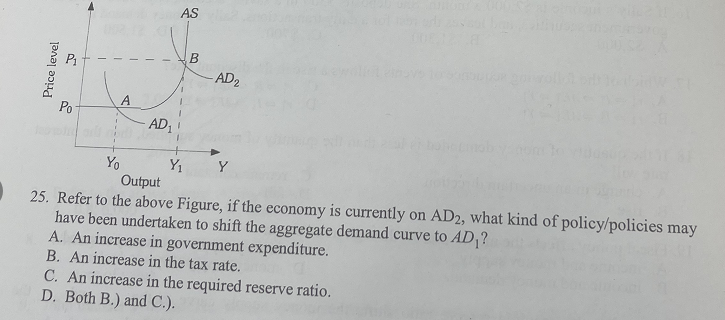 AS
AD2
A
Po
AD1
Yo
Y1
Y
Output
25. Refer to the above Figure, if the economy is currently on AD2, what kind of policy/policies may
have been undertaken to shift the aggregate demand curve to AD,?
A. An increase in government expenditure.
B. An increase in the tax rate.
C. An increase in the required reserve ratio.
D. Both B.) and C.).
Price level
