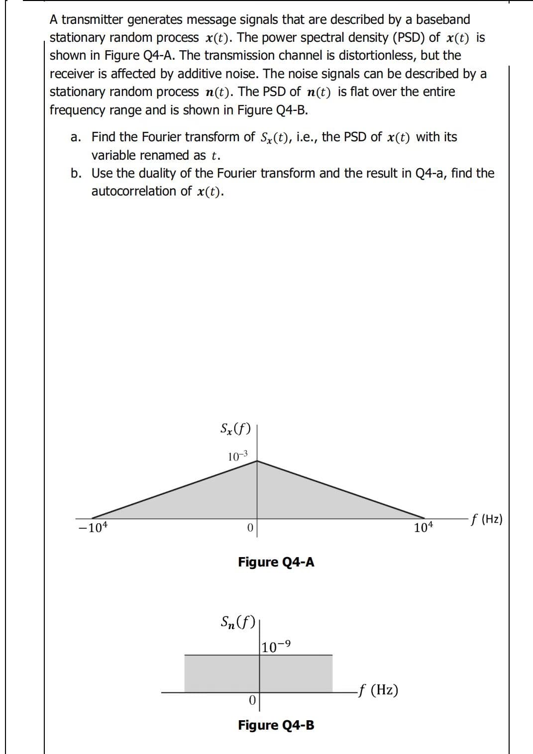 A transmitter generates message signals that are described by a baseband
stationary random process x(t). The power spectral density (PSD) of x(t) is
shown in Figure Q4-A. The transmission channel is distortionless, but the
receiver is affected by additive noise. The noise signals can be described by a
stationary random process n(t). The PSD of n(t) is flat over the entire
frequency range and is shown in Figure Q4-B.
a. Find the Fourier transform of Sx(t), i.e., the PSD of x(t) with its
variable renamed as t.
b. Use the duality of the Fourier transform and the result in Q4-a, find the
autocorrelation of x(t).
Sx(f)
10-3
0
- f (Hz)
Figure Q4-A
10-9
-104
Sn (f)
0
Figure Q4-B
-f (Hz)
104