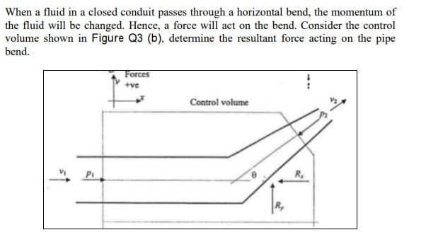 When a fluid in a closed conduit passes through a horizontal bend, the momentum of
the fluid will be changed. Hence, a force will act on the bend. Consider the control
volume shown in Figure Q3 (b), determine the resultant force acting on the pipe
bend.
Forces
Control volume
