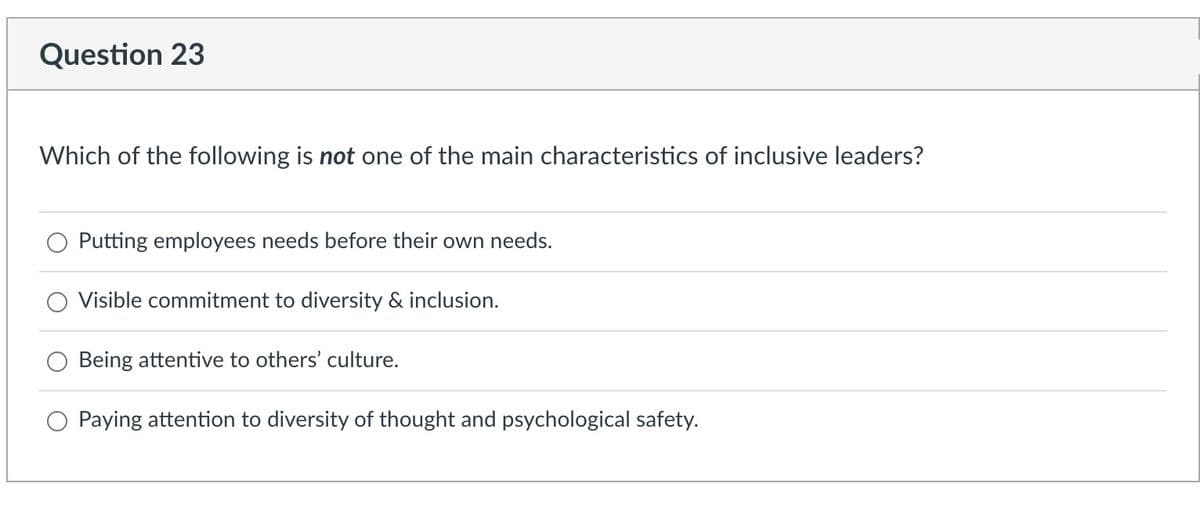 Question 23
Which of the following is not one of the main characteristics of inclusive leaders?
Putting employees needs before their own needs.
Visible commitment to diversity & inclusion.
Being attentive to others' culture.
Paying attention to diversity of thought and psychological safety.
