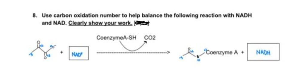 8. Use carbon oxidation number to help balance the following reaction with NADH
and NAD. Clearly show your work.
NAD
CoenzymeA-SH CO2
Coenzyme A +
NADH