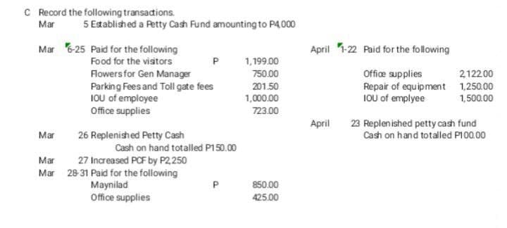 C Record the following transactions.
Mar
5 Established a Petty Cash Fund amounting to P4,000
Mar 6-25 Paid for the following
Mar
Food for the visitors
Flowers for Gen Manager
Parking Fees and Toll gate fees
IOU of employee
Office supplies
26 Replenished Petty Cash
P
Cash on hand totalled P150.00
27 Increased PCF by P2,250
Mar
Mar 28-31 Paid for the following
Maynilad
Office supplies
1,199.00
750.00
201.50
1,000.00
723.00
850.00
425.00
April 1-22 Paid for the following
Office supplies
Repair of equipment
IOU of employee
April
2,122.00
1,250.00
1,500.00
23 Replenished petty cash fund
Cash on hand totalled P100.00