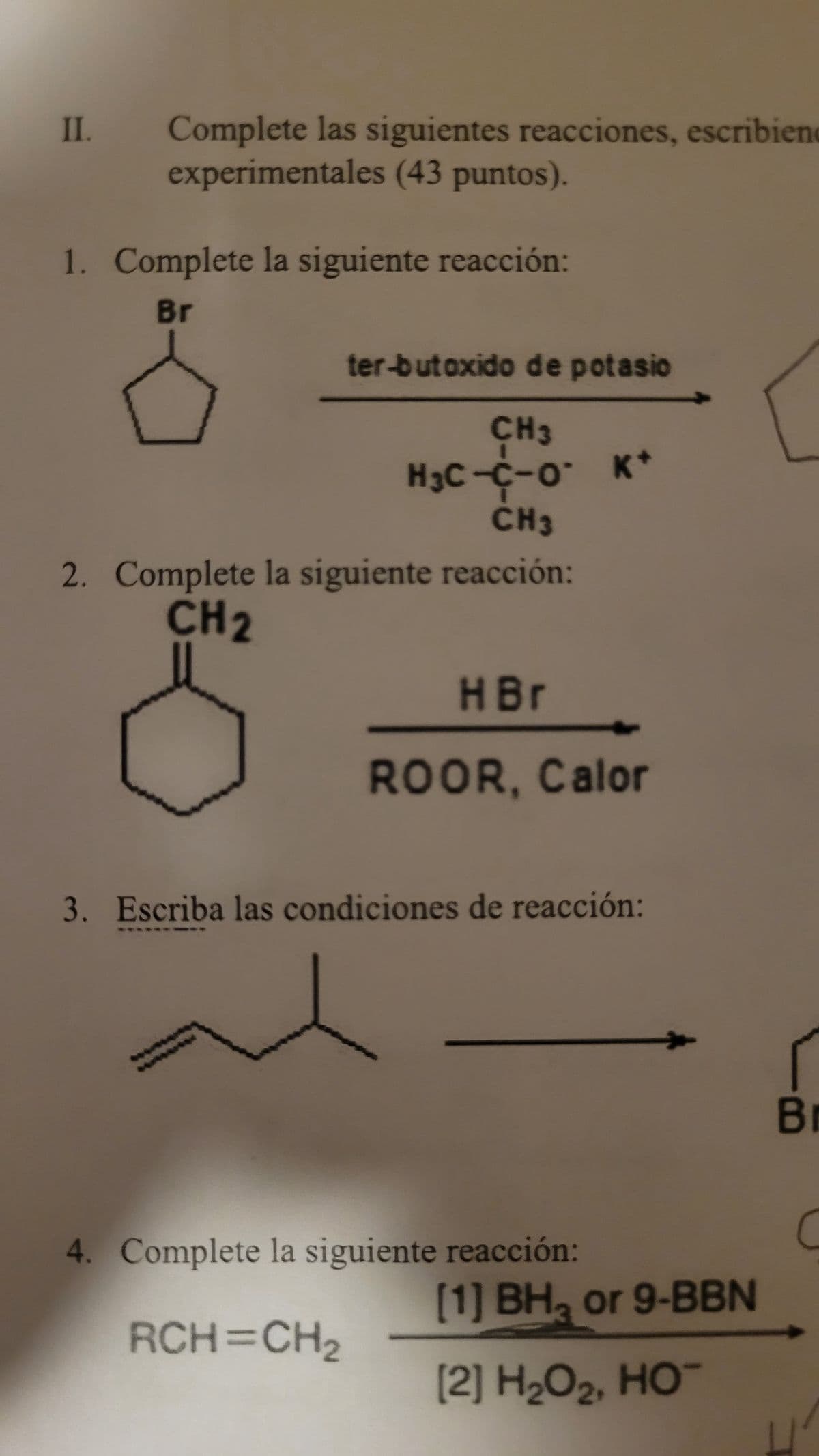 II.
Complete las siguientes reacciones, escribiene
experimentales (43 puntos).
1. Complete la siguiente reacción:
Br
ter-butoxido de potasio
CH3
H3C-C-0 K+
CH3
2. Complete la siguiente reacción:
CH2
HBr
ROOR, Calor
3. Escriba las condiciones de reacción:
Br
4. Complete la siguiente reacción:
C
[1] BH3 or 9-BBN
RCH=CH2
[2] H₂O2, HO¯