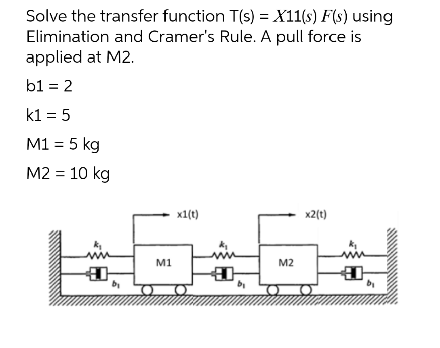 Solve the transfer function T(s) = X11(s) F(s) using
Elimination and Cramer's Rule. A pull force is
applied at M2.
b1 = 2
k1 = 5
M1 = 5 kg
M2 = 10 kg
k₂
ww
+0
b₁
M1
x1(t)
b₁
M2
x2(t)
Đ
b₁
