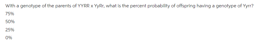 With a genotype of the parents of YYRR x YyRr, what is the percent probability of offspring having a genotype of Yyrr?
75%
50%
25%
0%