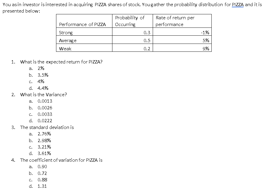 You asin investor is interested in acquiring PIZZA shares of stock. Yougather the probability distribution for PIZZA and it is
presented below:
Probability of
Occurring
Rate of return per
Performance of PIZZA
performance
Strong
0.3
-1%
Average
0.5
5%
Weak
0.2
9%
1. What is the expected return for PIZZA?
a.
2%
b. 3.5%
C.
4%
d. 4.4%
2. What is the Variance?
a.
0.0013
b. 0.0026
C.
0.0033
d. 0.0222
3. The standard deviation is
а.
2.76%
b. 2.98%
С.
3.21%
d. 3.61%
4. The coefficient of variation for PIZZA is
а.
0.90
b. 0.72
C.
0.88
d. 1.31
