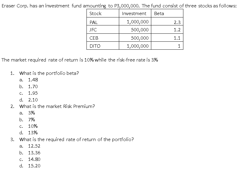 Eraser Corp. has an investment fund amounting to P3,000,000. The fund consist of three stocks as follows:
Stock
Investment
Beta
PAL
1,000,000
2.3
JFC
500,000
1.2
СЕВ
500,000
1.1
DITO
1,000,000
1
The market required rate of return is 10% while the risk-free rate is 3%
1. What is the portfolio beta?
а.
1.48
b. 1.70
С.
1.95
d. 2.10
2. What is the market Risk Premium?
а.
3%
b. 7%
С.
10%
d. 13%
3. What is the required rate of return of the portfolio?
а. 12.52
b. 13.36
C.
14.80
d. 15.20
