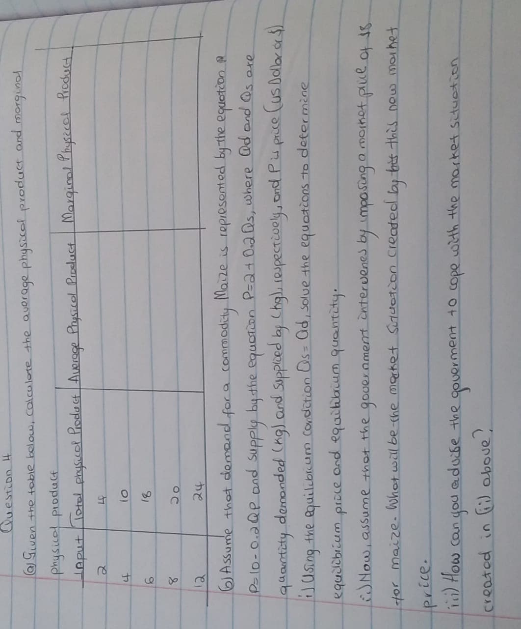 Question H
a Siven the table below, Calculote the average physicol product and morginol
physicol produCf
Heput lotal physicol Prodoct Aueroge Physicol Pineluct Marginal Physzcol Procuct
4.
24
6)Assume that demand for a commodity
Maize is repiesented by the equetion R
Ps10-0.2QP ond supply bythe equotion P=a+Du2@s, where Qd and @s are
quantity demonded (ng) and Sopploed by Chg),respectiwoly, ond Pis price (us Dolbras)
1 Using the equilibicum Condition Os= Ad, solue the equotions to determine
equilibrium price and eqailibium quantity.
iJNow,assume that the gover ament intervenes by imposong a morket puce of 18
tor maize. What will be-che market Sutuotion Creadedl la tit this now morhet
19) How can you aduise the
with the market situction
created in f) ebove?
