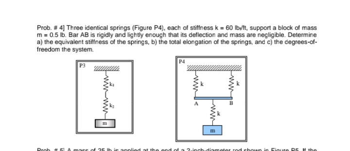 Prob. # 4] Three identical springs (Figure P4), each of stiffness k = 60 Ib/it, support a block of mass
m = 0.5 lb. Bar AB is rigidly and lightly enough that its deflection and mass are negligible. Determine
a) the equivalent stiffness of the springs, b) the total elongation of the springs, and c) the degrees-of-
freedom the system.
P4
P3
m
Prob
mare of
is anplied at the
ch.dianmeter rod shown in Figure D5 H the
