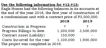 Use the following information for #12-#13:
Eagle Homes had the following balances in its accounts at
the end of the year 2018, the first year of construction of
a condominium unit with a contract price of P3,500,000:
2018
2019
Construction in Progress
Progress Billings to date
Contract Asset (Liability)
Costs Incurred for the year
The project was completed in 2019.
?
1,200,000 3,500,000
150,000
1,100,000
1,900,000
