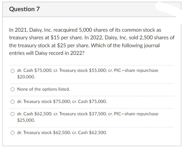 Question 7
In 2021, Daisy, Inc. reacquired 5,000 shares of its common stock as
treasury shares at $15 per share. In 2022, Daisy, Inc. sold 2,500 shares of
the treasury stock at $25 per share. Which of the following journal
entries will Daisy record in 2022?
dr. Cash $75,000; cr. Treasury stock $55,000; cr. PIC-share repurchase
$20,000.
O None of the options listed.
O dr. Treasury stock $75,000; cr. Cash $75,000.
O dr. Cash $62,500; cr. Treasury stock $37,500; cr. PIC-share repurchase
$25,000.
dr. Treasury stock $62,500; cr. Cash $62,500.

