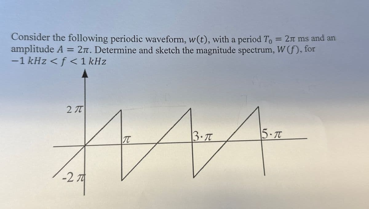 = 2π ms and an
Consider the following periodic waveform, w(t), with a period To
amplitude A = 2π. Determine and sketch the magnitude spectrum, W(f), for
-1 kHz <f <1 kHz
2 π
-2πO
3.π
15.π
T