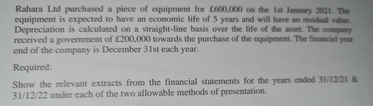Rahara Ltd purchased a piece of equipment for £600,000 on the 1st January 2021. The
equipment is expected to have an economic life of 5 years and will have no residual value.
Depreciation is calculated on a straight-line basis over the life of the asset. The company
received a government of £200,000 towards the purchase of the equipment. The financial year
end of the company is December 31st each year.
Required:
Show the relevant extracts from the financial statements for the years ended 31/12/21 &
31/12/22 under each of the two allowable methods of presentation.
