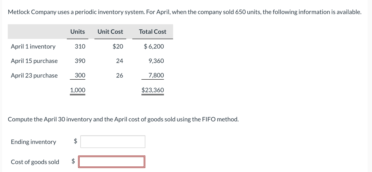 Metlock Company uses a periodic inventory system. For April, when the company sold 650 units, the following information is available.
April 1 inventory
April 15 purchase
April 23 purchase
Ending inventory
Units
Cost of goods sold
310
390
300
1,000
Unit Cost
$
$20
24
26
Total Cost
$6,200
9,360
Compute the April 30 inventory and the April cost of goods sold using the FIFO method.
7,800
$23,360