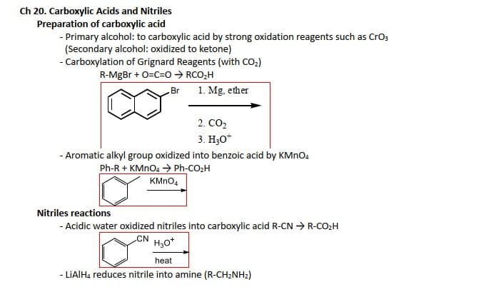 Ch 20. Carboxylic Acids and Nitriles
Preparation of carboxylic acid
- Primary alcohol: to carboxylic acid by strong oxidation reagents such as CrO3
(Secondary alcohol: oxidized to ketone)
- Carboxylation of Grignard Reagents (with CO₂)
R-MgBr + O=C=O → RCO₂H
Br
1. Mg, ether
2. CO₂
3. H₂O*
- Aromatic alkyl group oxidized into benzoic acid by KMnO4
Ph-R + KMnO4 → Ph-CO₂H
KMnO4
Nitriles reactions
- Acidic water oxidized nitriles into carboxylic acid R-CN → R-CO₂H
CN H₂0*
heat
- LiAlH4 reduces nitrile into amine (R-CH₂NH₂)