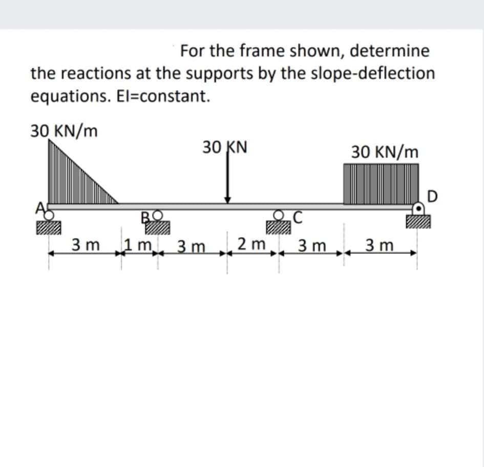For the frame shown, determine
the reactions at the supports by the slope-deflection
equations. El=constant.
30 KN/m
30 KN
30 KN/m
D
A5
BO
3 m
1m 3 m 2 m, 3 m
3 m
