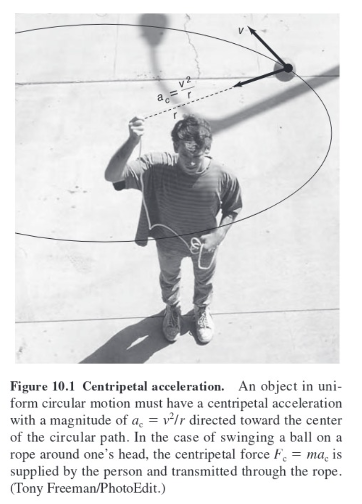 Figure 10.1 Centripetal acceleration. An object in uni-
form circular motion must have a centripetal acceleration
with a magnitude of a = ²/r directed toward the center
of the circular path. In the case of swinging a ball on a
rope around one's head, the centripetal force F = ma is
supplied by the person and transmitted through the rope.
(Tony Freeman/PhotoEdit.)